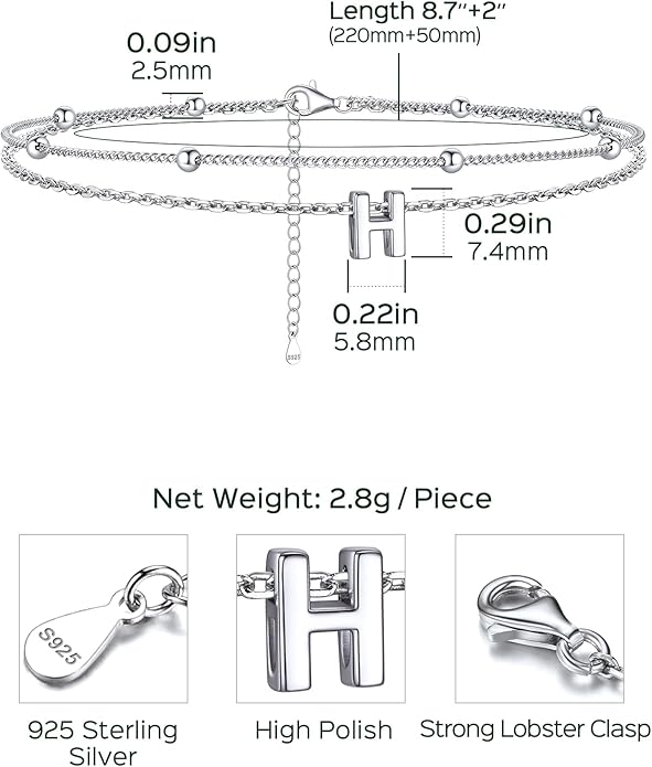 ChicSilver Ankle Bracelets for Women Waterproof, 925 Sterling Silver Initial Anklets for Women, Adjustable Dainty Layered Anklet Beach Jewelry for Women Mom Wife Friend