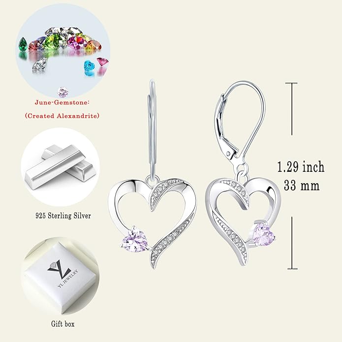 YL Heart Dangle Earrings 925 Sterling Silver Drop Earrings Birthstone Leverback Jewelry for Women
