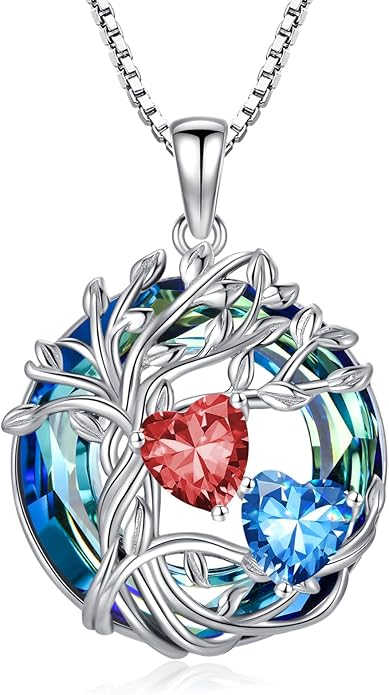 TOUPOP s925 Sterling Silver Family Celtic Tree of Life Pendant Necklaces with 2 Heart Birthstone with Blue Austrian Crystal Jewelry Birthday Anniversary Christmas Gifts for Her Wife Girlfriend Mom (18K Real White Gold Filled)