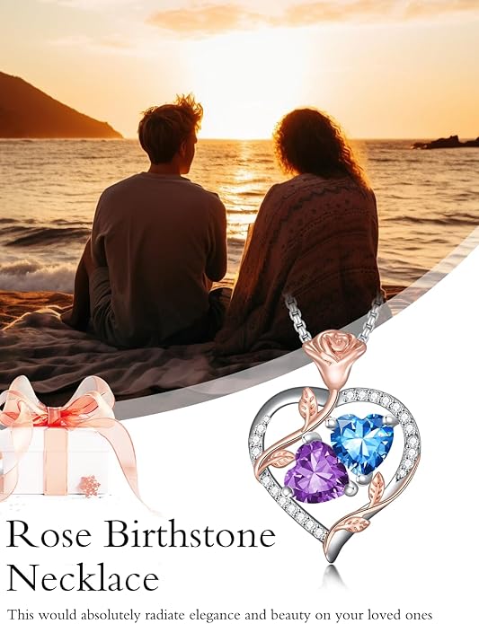 Christmas Gifts for Women Rose Heart Birthstone Pendant Necklace I Love You Forever Jewelry Valentine Mothers Day Birthday Gifts for Women Her Wife Girlfriend