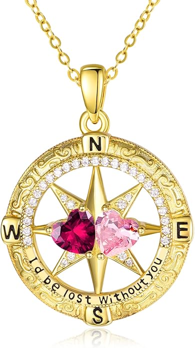 Zeuslia Double Birthstone Necklace Gifts for Wife - 925 Sterling Silver Sunflower/Rose/Crown Cross/Compass/Heart Pendant I Love You Necklace, Anniversary Birthday Gifts for Wife Girlfriend Mom Her