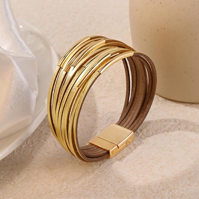 ENGCKSHI Wrapped Bracelets for Women,Leather Bracelet,Boho Bracelets for Women,Multi-Layer Pearl Crystal Bracelet Bangle Jewelry