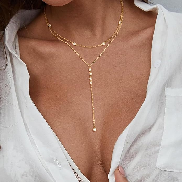 Lariat Necklace for Women, Dainty Long Necklaces, 14k Gold/Silver Plated Y-Shaped Drop Chain Necklace, Simple Layered Necklaces, Trendy Jewelry Gifts for Her