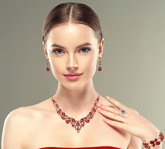 Paxuan Crystal Bridal Wedding Jewelry Sets for Women Rhinestone Teardrop Crystal Statement Choker Necklace Drop Earrings Link Bracelets Rings Teardrop Jewelry Set for Brides Bridesmaids