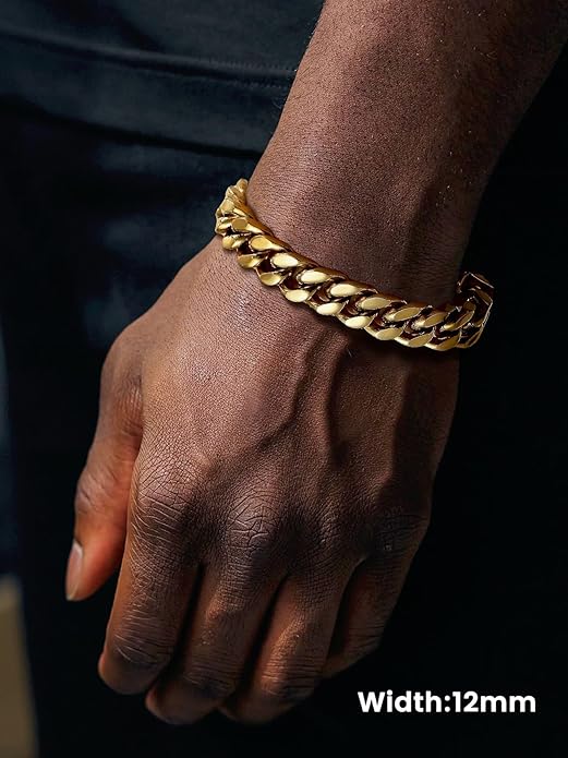 Bestyle Thick Mens Cuban Link Chain Bracelets, Durable Real 18K Gold/Black Metal Plated Solid Stainless Steel Hand Chain Cuban Bracelets for Men, Silver Black Gold Bracelets for Father Husband