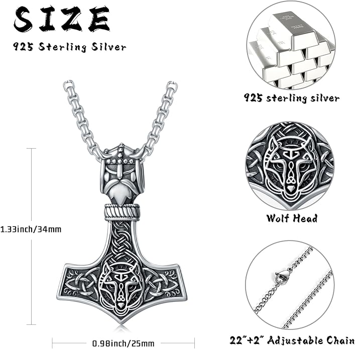 Taioiat viking Pendant Necklace for Men Nordic Celtic 925 Sterling Silver Vintage Mjolnir Jewelry Norse Vikings Gift for Women