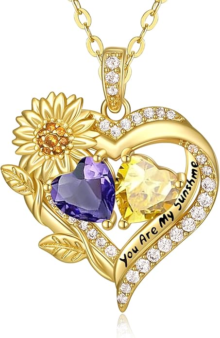 Sunflower Heart Necklace for Women 14K Gold Exquisite Anniversary Birthday Gifts for Wife Mother Her Double Birthstone Pendant jewelry‘You Are My Sunshine’