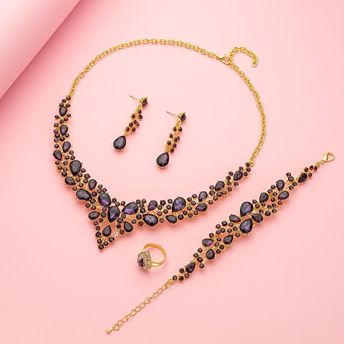 Paxuan Crystal Bridal Wedding Jewelry Sets for Women Rhinestone Teardrop Crystal Statement Choker Necklace Drop Earrings Link Bracelets Rings Teardrop Jewelry Set for Brides Bridesmaids