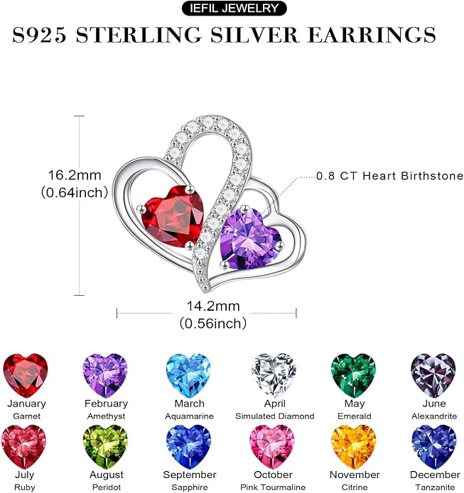 Iefil Valentines Day Gifts for Her - Birthstone Earrings Gift for Women, 925 Sterling Silver Double Heart Birthstone Earrings | Anniversary Birthday Gifts for Women, Personalized Jewelry for Wife Mom