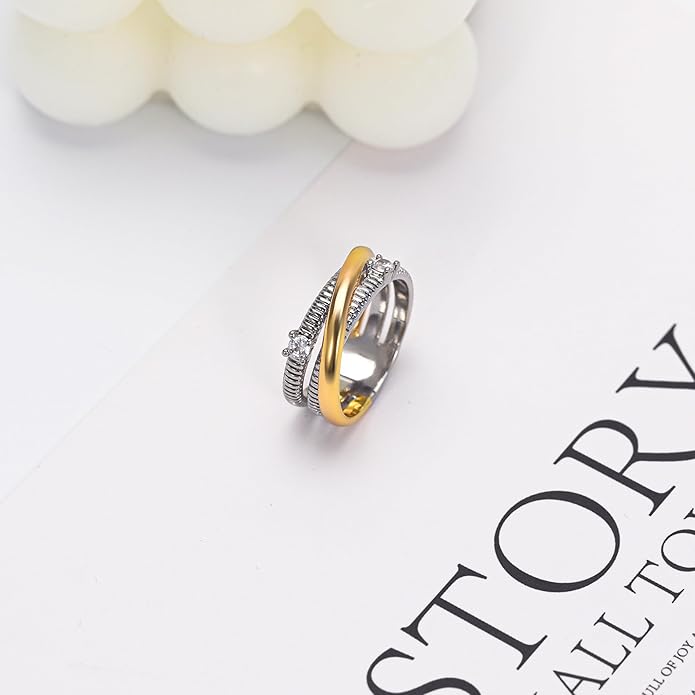 Two-Tone Wide Statement Ring for Women - Gold Silver Crossover Band with Ribbed Texture - Modern Fashion Jewelry Cocktail Ring - Mixed Metal Layered Design