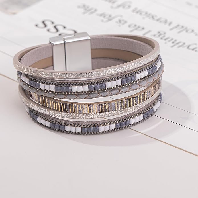 FANCY SHINY Boho Leather Wrap Bracelets Trendy Layered Bracelets with Magnetic Clasp Strackable Bohemian Jewelry Gifts for Women