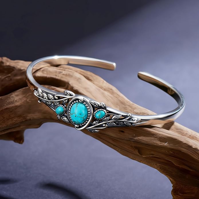 Genuine Turquoise Leaf Boho Bracelet, Sterling Silver Native American Adjustable Bangle Cuff Jewelry for Women, Fit for 6.5 7 7.5 Inches