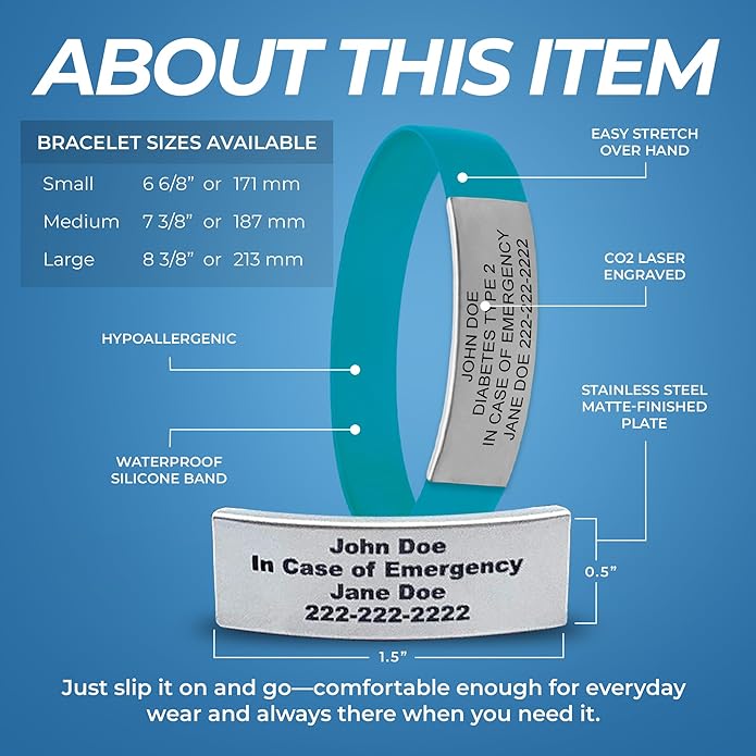 Personalized Medical Alert Bracelet for Men & Women – Custom Engraved Waterproof Silicone Wristband with Stainless Steel ID Plate – Medical ID Bracelet for Allergies, Conditions, ICE Info & Emergency Card