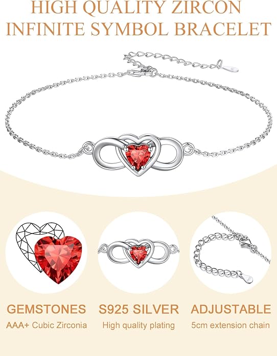 Custom4U Personalized Infinity Love Symbol Link Bracelets for Women 925 Sterling Silver Birthstone Bracelet Adjustable Engraved Chain Christmas Mother's Day Birthday Jewelry Gifts for Mom Her