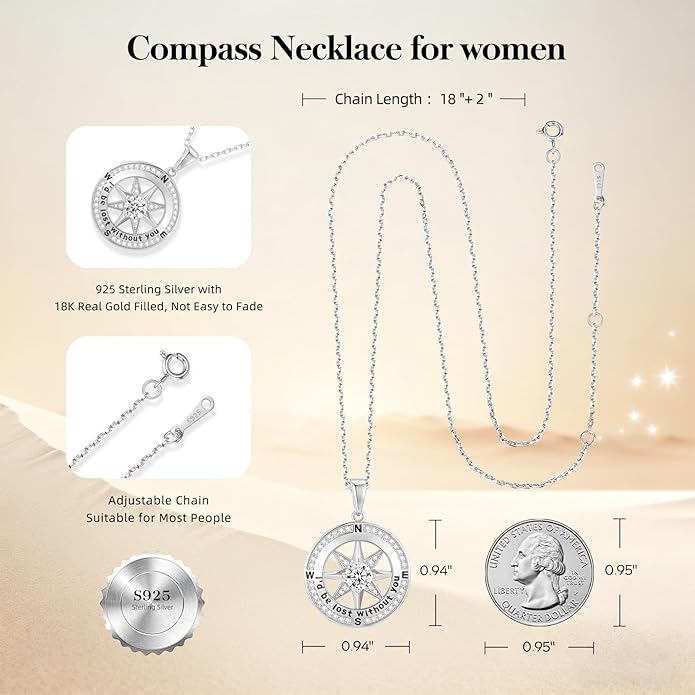 Mkhhy Compass Necklace for Women Jewelry For Her White Gold and Yellow Gold I'd Be Lost Without You(18k Real Gold Filled With S925)
