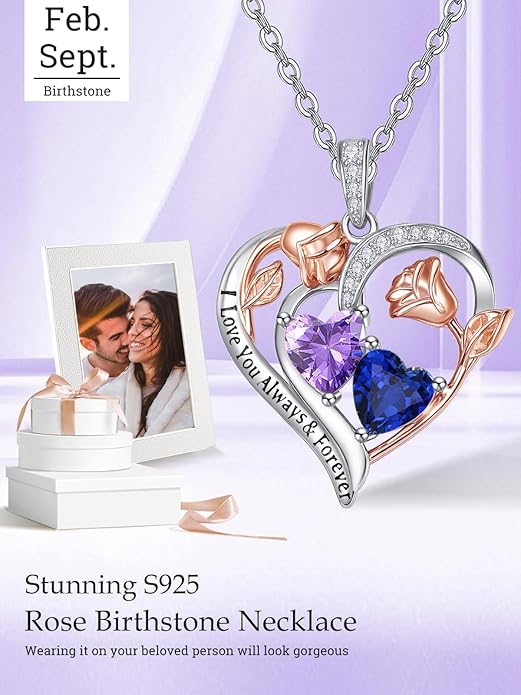 Zeuslia Double Birthstone Necklace Gifts for Wife - 925 Sterling Silver Sunflower/Rose/Crown Cross/Compass/Heart Pendant I Love You Necklace, Anniversary Birthday Gifts for Wife Girlfriend Mom Her
