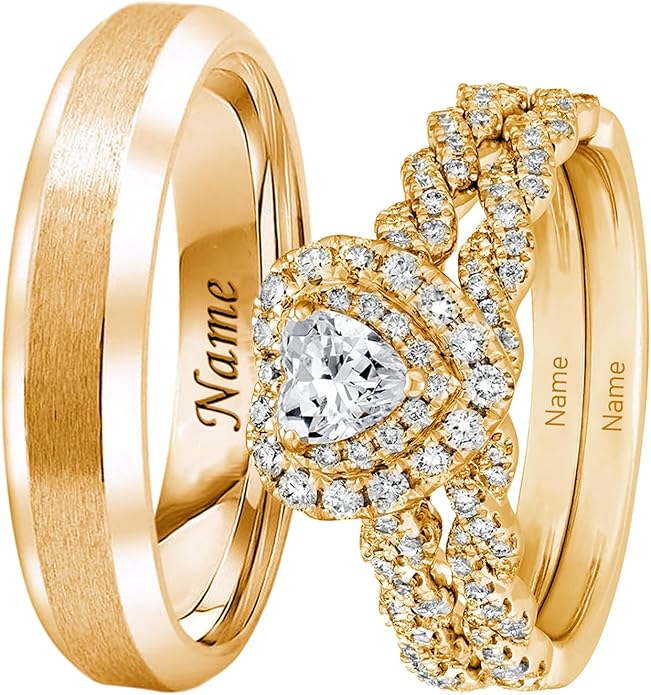 Rikelus Moissanite Engagement Ring Sets for Couples,10K 14K 18K Solid Gold Heart/Princess/Round Cut Bridal Ring Sets,Customized Matching Wedding Bands Set for Men and Women Free Engraving