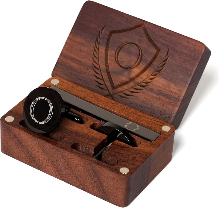 Mens Initial Cufflinks and Tie Clip A-Z Alphabet Letter Black Stainless Cuff Links Tie Bar with Engraved Walnut Wood Box Groom Groomsman Wedding Set