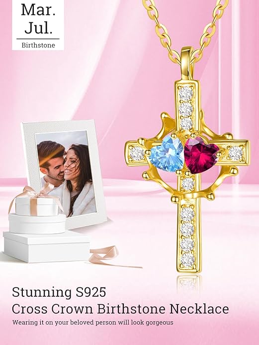 Zeuslia Double Birthstone Necklace Gifts for Wife - 925 Sterling Silver Sunflower/Rose/Crown Cross/Compass/Heart Pendant I Love You Necklace, Anniversary Birthday Gifts for Wife Girlfriend Mom Her