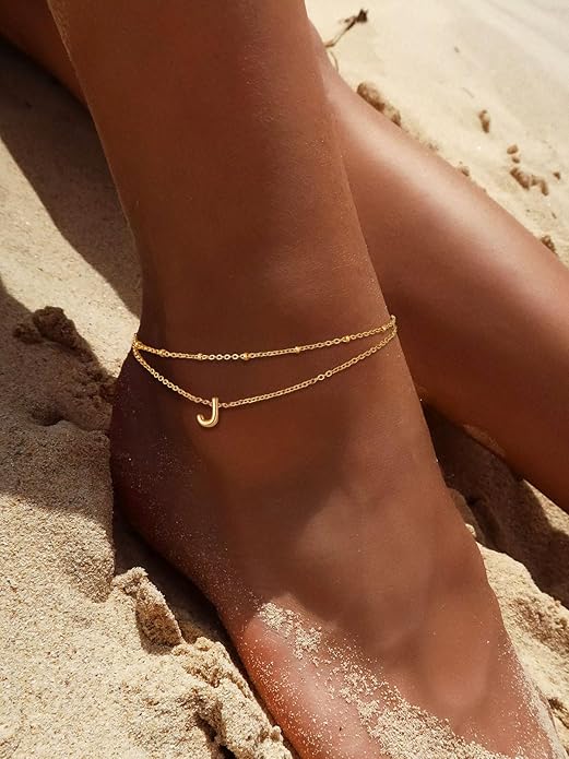 FaithHeart Initial Ankle Bracelets for Women, Waterproof 14k Gold Plated Initial Anklets Non Tarnish Stainless Steel Layered Anklet Summer Beach Foot Jewelry