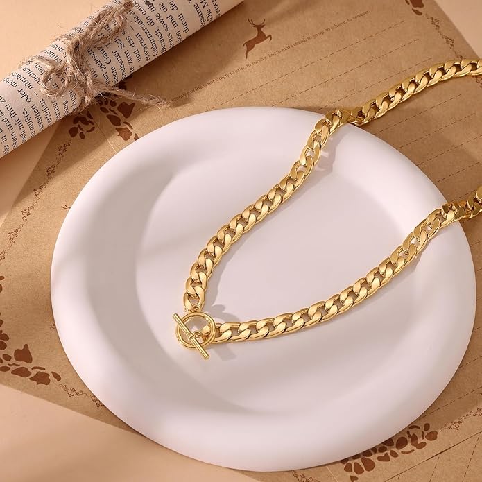 Moodear Layered Necklace for Women Trendy Chunky 14K Gold Plated/Sliver Plated Chain Necklace Cuban Link Paperclip Chain Toggle Clasp Necklace Fashion Jewelry