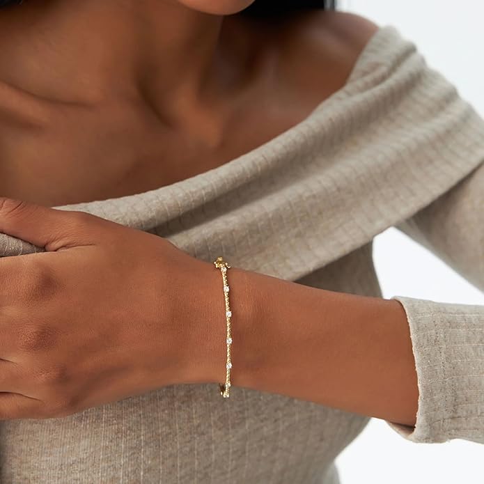 14k Gold-Plated Zirconia Brass Bracelet with Beads, Rhodium-Plated, Mixed Charm, Cute Style, Fashion Jewelry