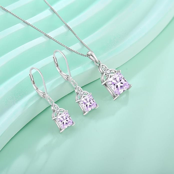 Celtic Trinity Knot Jewelry Set 925 Sterling Silver June Birthstone Alexandrite Necklace Earrings Irish Good Luck Jewelry Gifts for Women