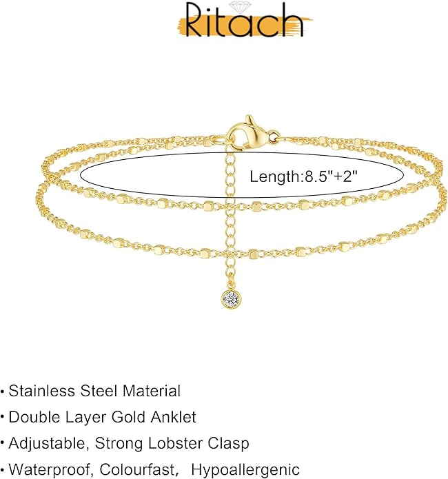 Ritach Ankle Bracelets for Women - Silver/Gold Plated Stainless Steel Anklets for Women Waterproof Layered Cuban Link Figaro Chain Heart Anklets Set Summer Beach Jewelry Gifts