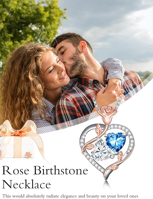 Christmas Gifts for Women Rose Heart Birthstone Pendant Necklace I Love You Forever Jewelry Valentine Mothers Day Birthday Gifts for Women Her Wife Girlfriend