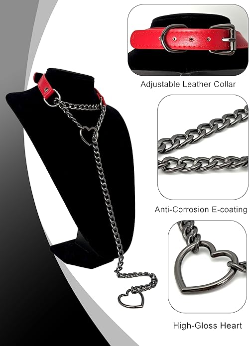 Black Leather Choker Collar For Women, Handmade Heart Slip Chain Choker Long Necklace with Adjustable Buckle