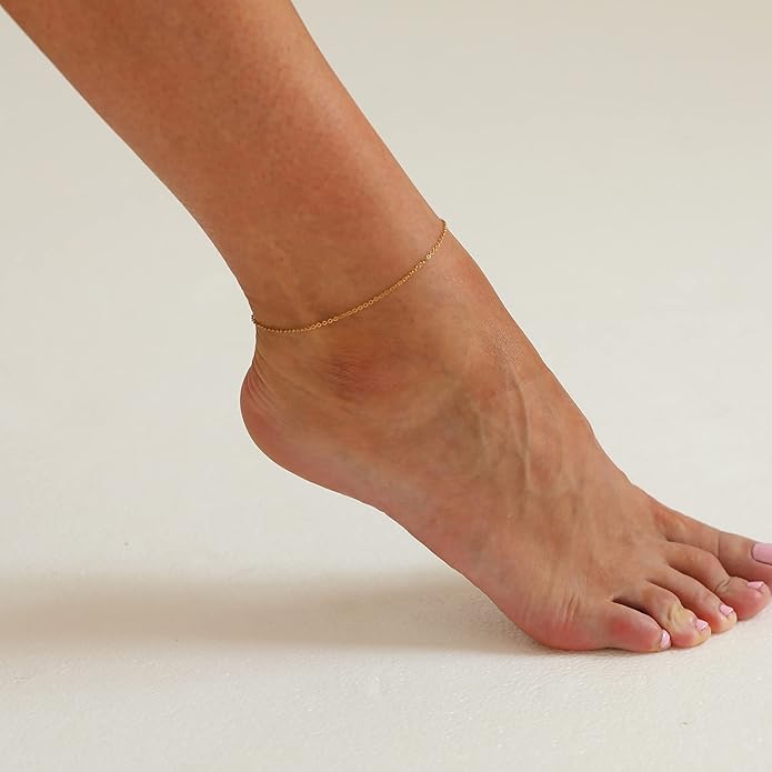 Dainty Ankle Bracelets for Women 18K Gold Plated Satellite Beaded Herringbone Chain Anklets Simple Lip Chain Anklet Minimalist Summer Beach Foot Jewelry Christmas