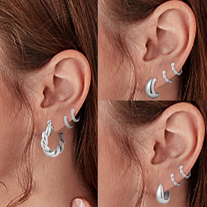 6 Pairs Gold Hoop Earrings for Women, 14K Gold Plated Chunky Huggie Hoop Earrings Set Hypoallergenic, Lightweight Twisted Open Hoops Jewelry for Christmas/Birthday Gifts.