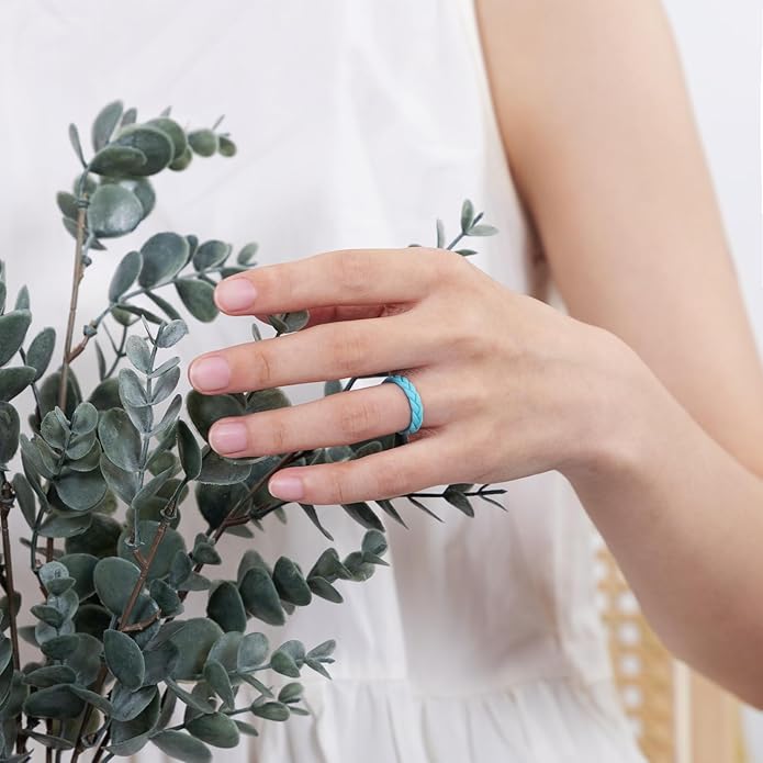 Egnaro Women's Silicone Stackable Rings 3.5mm Wide 2mm Thick, Rubber Flexible Hypoallergenic Wedding Bands For Workout Leaf Braided Fashion