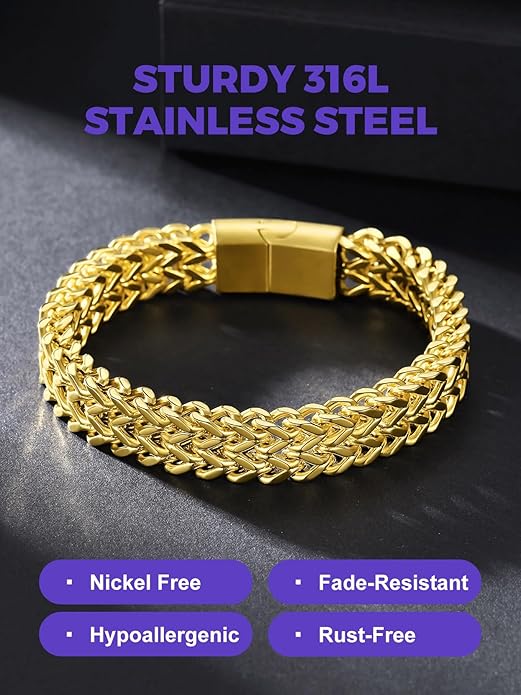 Richsteel Bracelets for Men 6mm/10mm/12mm Width Stainless Steel With Sturdy Clasp Franco Curb Chain Mens Bracelet 7.4/8.2/9 Inches Length