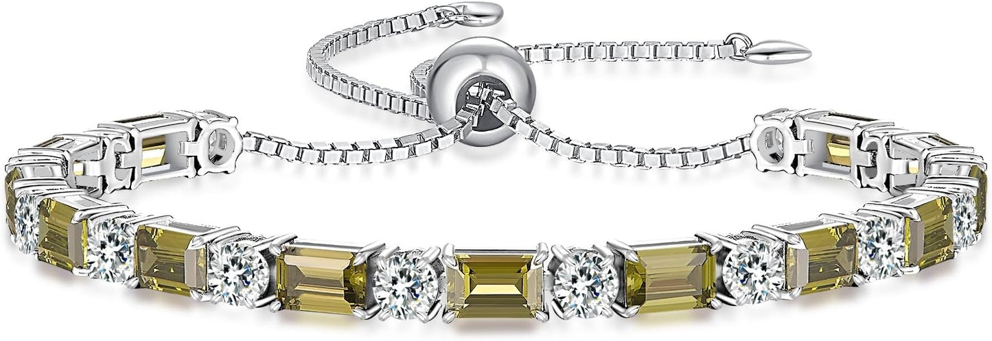 Birthstone Tennis Bracelets for Women White Gold Sterling Silver Gemstone Bracelets Adjustable Chain 6-9 Inchs Jewelry Anniversary Birthday Gifts for Women Mom Wife Her