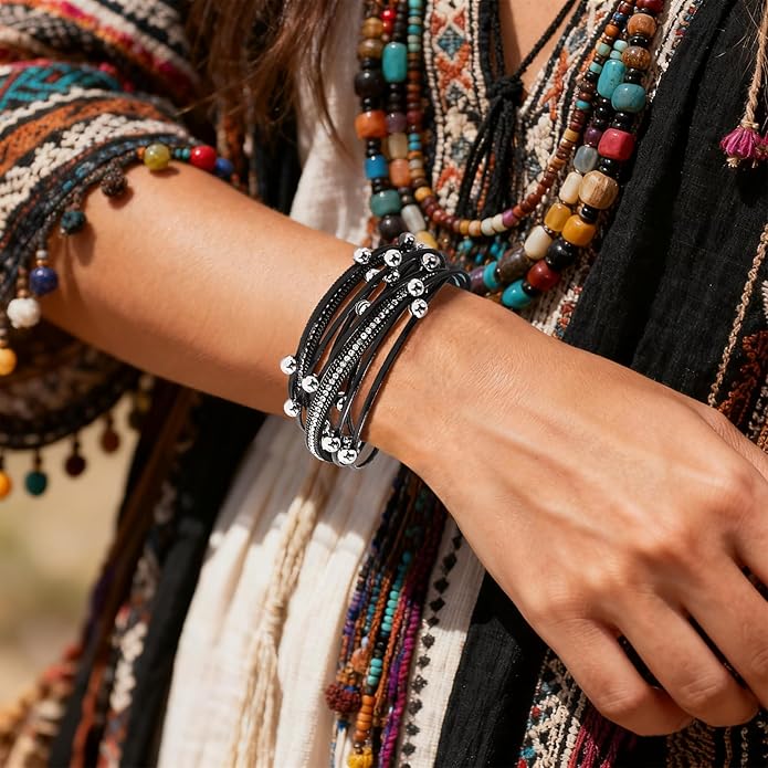ENGCKSHI Wrapped Bracelets for Women,Leather Bracelet,Boho Bracelets for Women,Multi-Layer Pearl Crystal Bracelet Bangle Jewelry