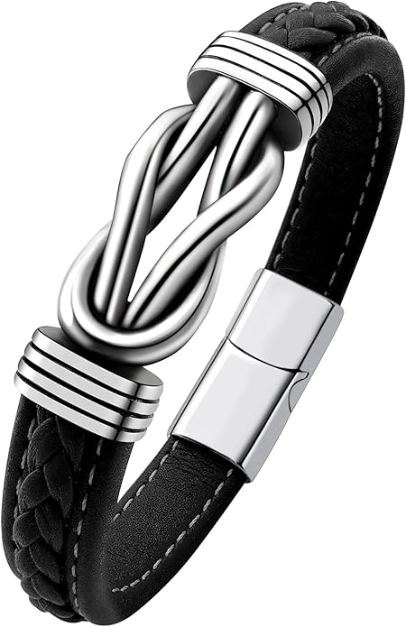 Mens Black Braided Leather Bracelet, Green/Red/Brown/Black Braided Leather Infinity Knot Bracelets for Men with Stainless Steel Clasp, 7.5/8.5/9in Length