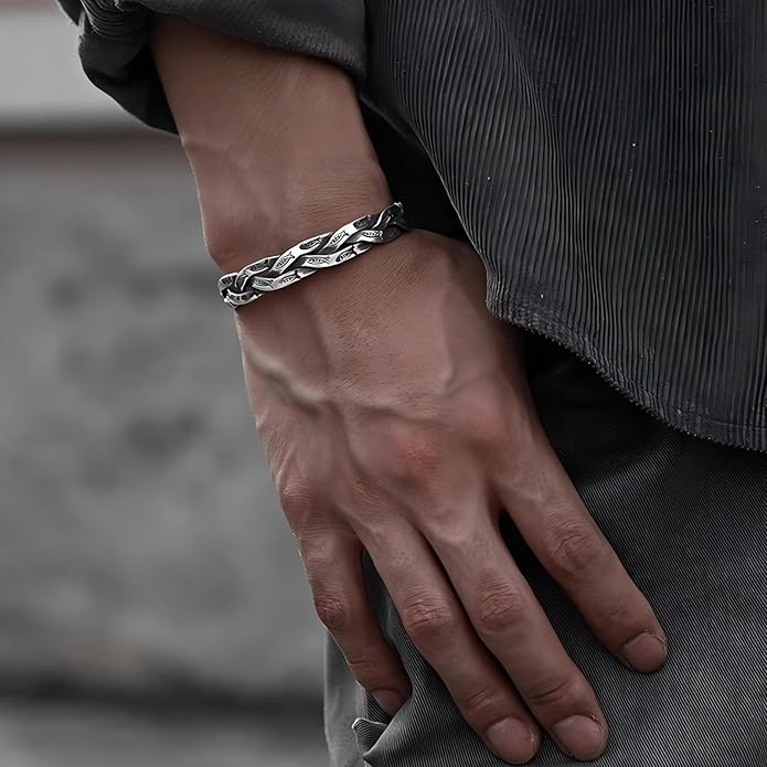 Kim Carrey S925 Sterling Silver Bracelet, Open Bangle Cuff Design, Men's Stacked Bracelets Gift Jewelry for My Man