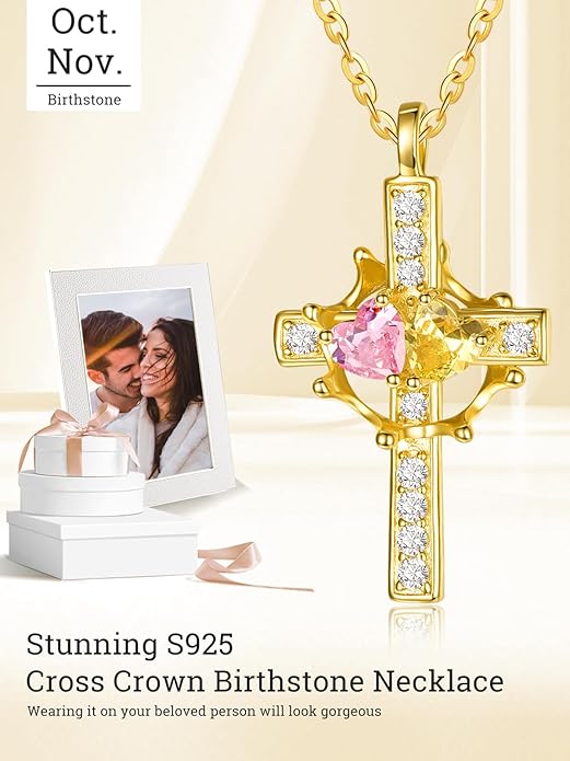 Zeuslia Double Birthstone Necklace Gifts for Wife - 925 Sterling Silver Sunflower/Rose/Crown Cross/Compass/Heart Pendant I Love You Necklace, Anniversary Birthday Gifts for Wife Girlfriend Mom Her