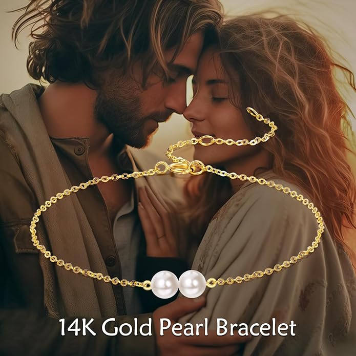 KECHO 14K Real Gold Freshwater Cultured Pearl Bracelet 14K Solid Gold Jewelry Anniversary Birthday Gift for Women