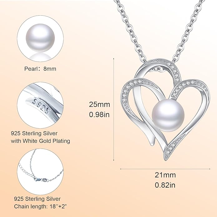 8mm Pearl Necklace 925 Sterling Silver Jewelry AAAAA Cubic Zirconia Heart Pendant Necklace Best Gifts for Mom Women Girlfriend Grandma Friend Lover Her Wedding Birthday Anniversary Graduation Daily