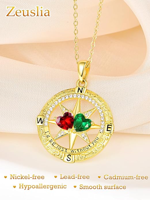 Zeuslia Double Birthstone Necklace Gifts for Wife - 925 Sterling Silver Sunflower/Rose/Crown Cross/Compass/Heart Pendant I Love You Necklace, Anniversary Birthday Gifts for Wife Girlfriend Mom Her
