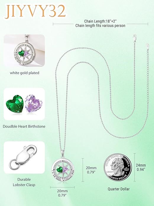 Compass Birthstones Necklace for Women, Exquisite Anniversary Birthday Gifts for Wife Her Double Birthstone Pendant jewelry ‘I'd be Lost Without You’