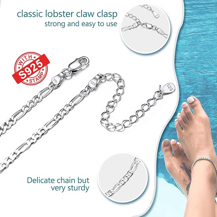 PROSILVER 925 Sterling Silver Ankle Bracelets For Women, Stylish Chain Anklets, Summer Beach Jewelry, 8.6-10.6 Inch Adjustable, Come with Box