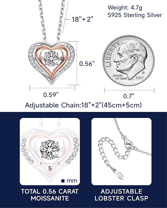 MomentWish Necklace for Women, Sparkling Gift for Her, 1Carat Moissanite Heart Pendent for Her, 925 Sterling Silver Dance Necklace for Anniversary Christmas Valentines