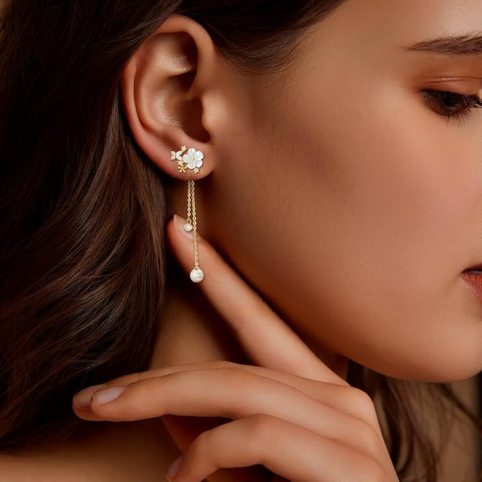 Zeffy Pearl Earrings for Women 14k Gold/Silver Pearl Drop Earrings Long White Pearl Tassel Dangle Statement Earrings Bridal Wedding Dainty Prom Earrings Birthday Gifts Jewelry
