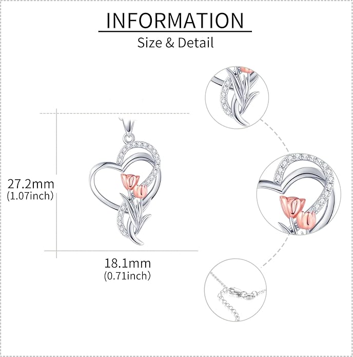Tulip Sunflower Rose Lily of the Valley Sterling Silver Flower Heart Pendant Necklace Gifts for Women Mother Flower Lover