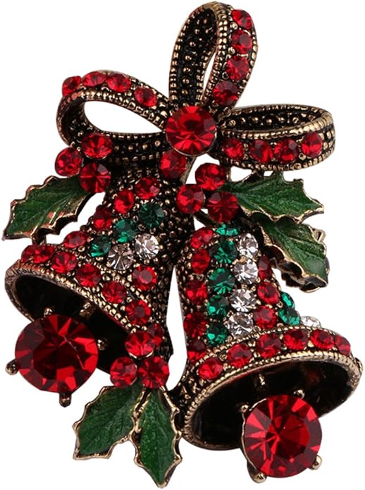 FERVENT LOVE Vintage Christmas Bowknot Double Bells Brooch with Green Leaves and Colorful Rhinestones for Women