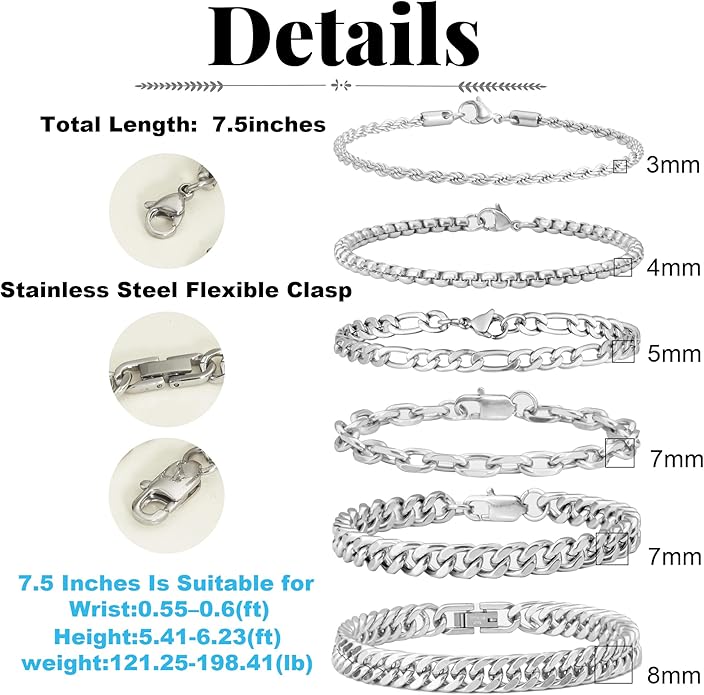 XIANNVXI 6pcs Stainless Steel Bracelets for Men Women Silver/Gold/Black Cuban Link Rope Paperclip Chain Bracelets Set 6.5/7/7.5/8.3/9 Inches Metal Bracelet Mens Fashion Accessories Jewelry Set