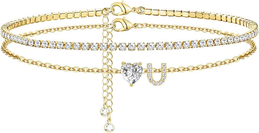 Gold Initial Ankle Bracelets for Women 14K Gold Plated CZ heart Tennis Anklets for Women Waterproof Layered Adjustable Letter Anklets Large Ankle Summer Beach Foot Jewelry